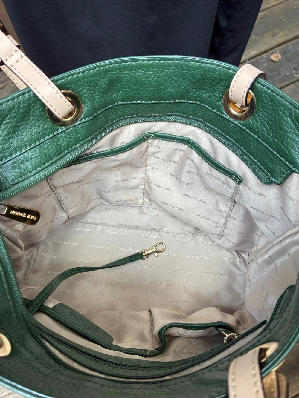 Michael Kors Green Leather Medium Tote with Tan Straps